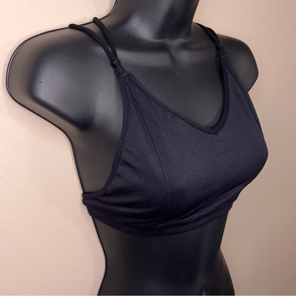 XS Black Strappy Bra Wireless Vneck Style Stretch Unlined Goth Casual - Picture 6 of 7